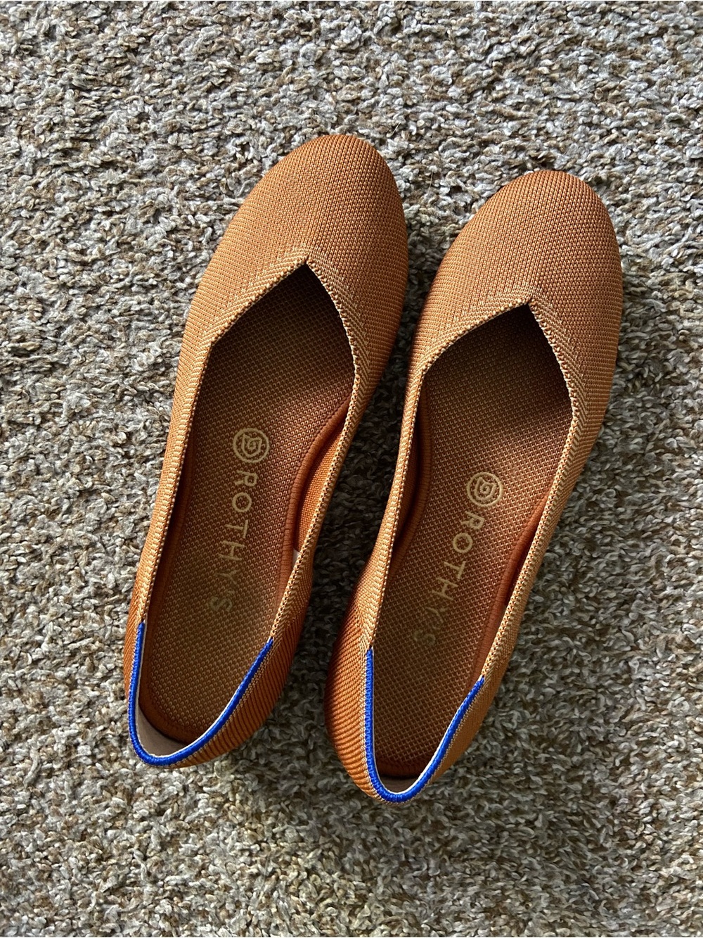 Rothy's Tan Knit Slip-Ons with Blue Heel Trim
